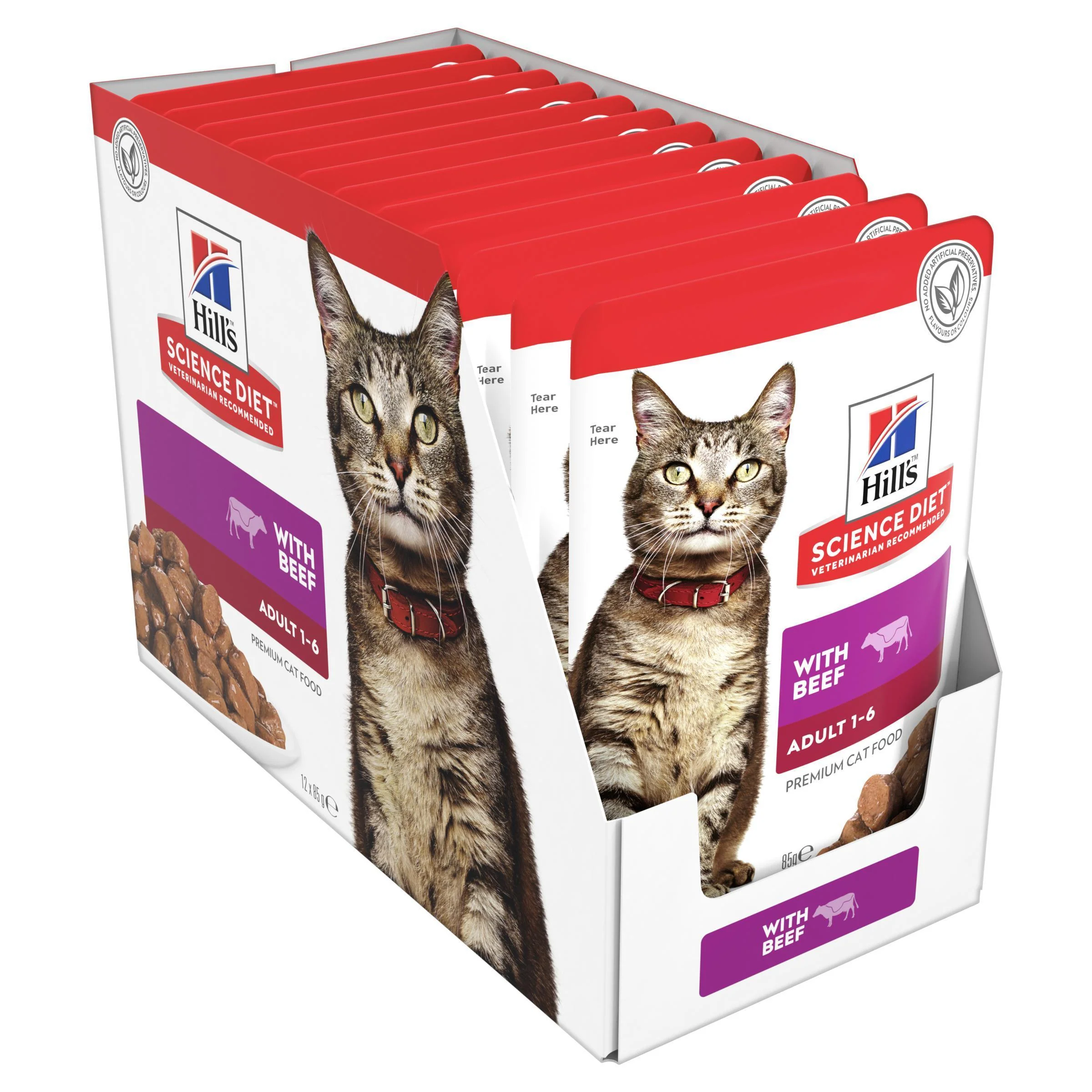 Hills Science Diet Adult Optimal Care Beef Cat Food Pouches 85g x 12