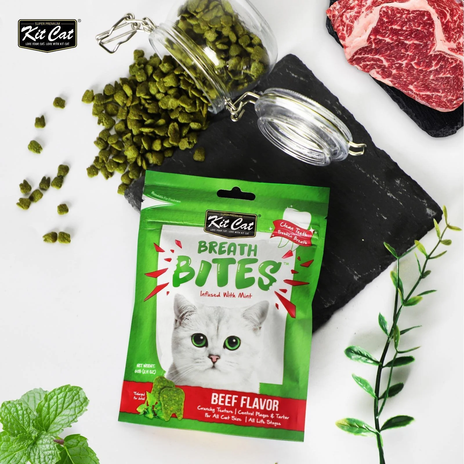 Kit Cat Breath Bites Beef Dental Treats for Cats 60g - Image 2