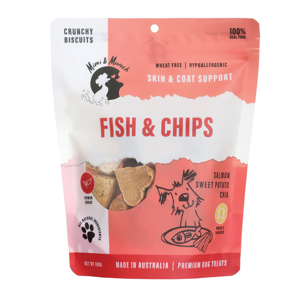 Mimi and Munch Wheat Free Fish and Chips Dog Biscuit Treats 180g