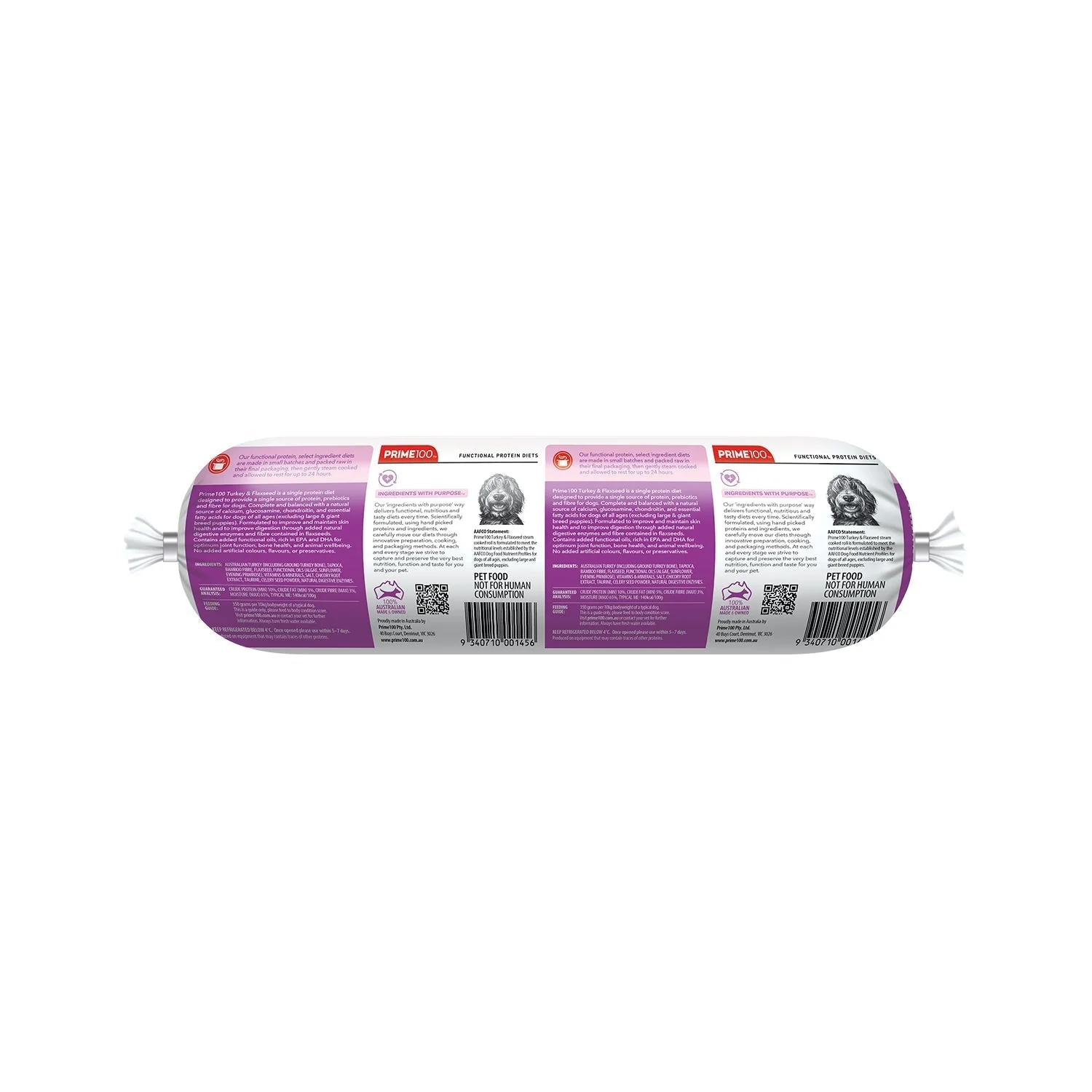 Prime 100 Dog SPD Turkey and Flaxseed Roll Prime 800g - Image 3