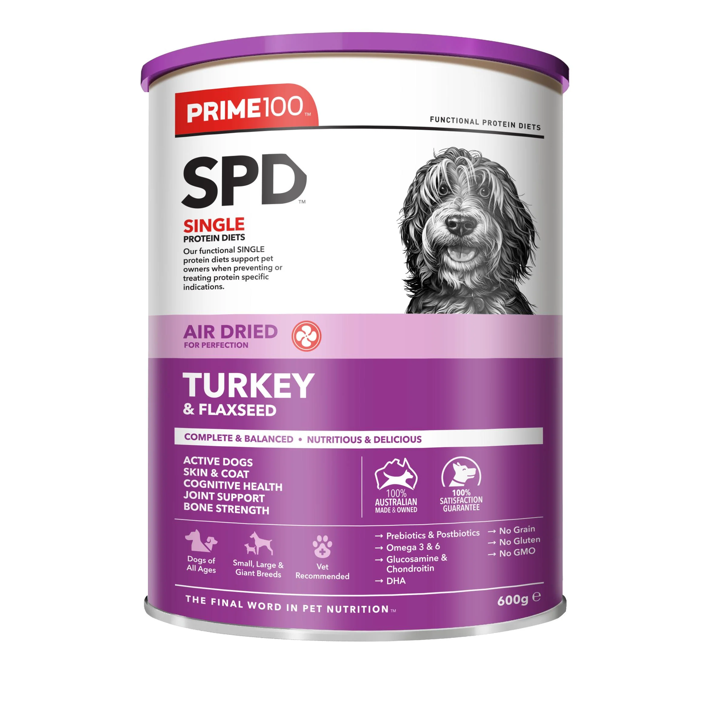 PRIME 100 SPD Air Dried Turkey and Flaxseed Dog Food 600g