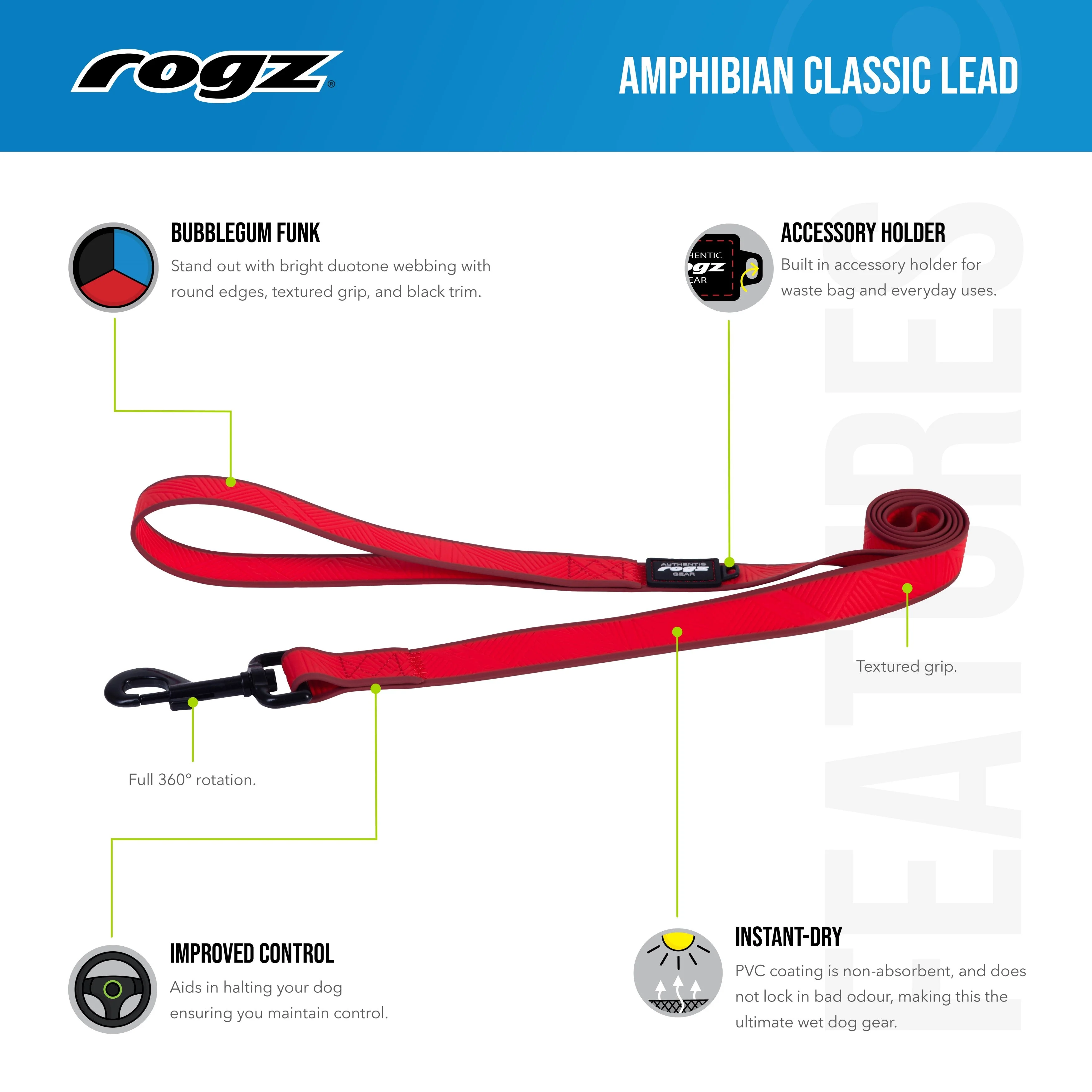 Rogz Classic Amphibian Red Dog Lead Medium - Image 3