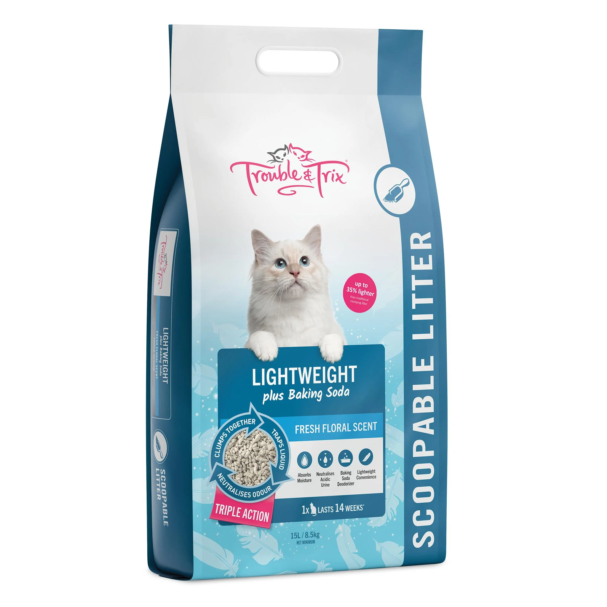 Trouble and Trix Lightweight Baking Soda Clumping Cat Litter 15L/8.5kg - Image 2