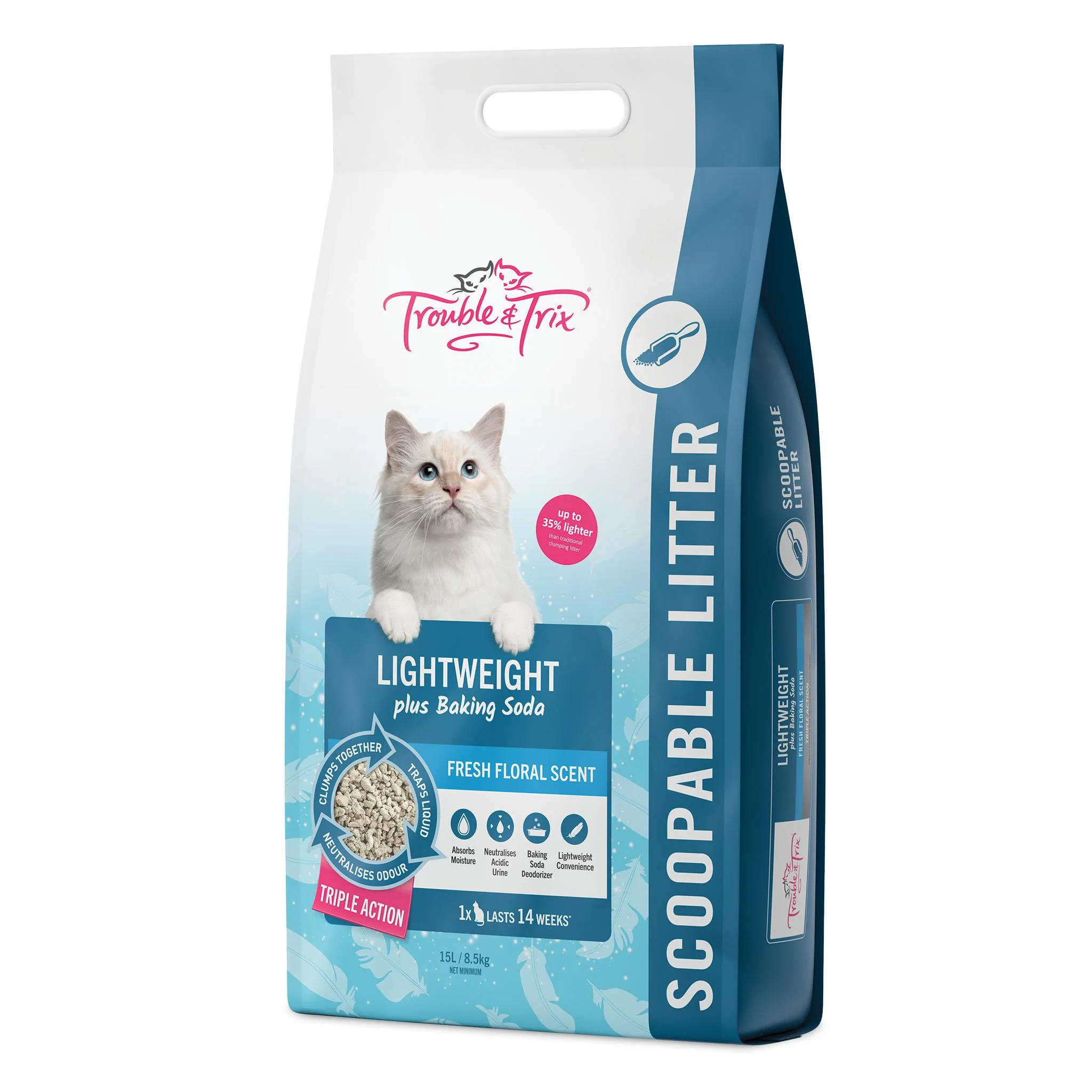 Trouble and Trix Lightweight Baking Soda Clumping Cat Litter 15L/8.5kg - Image 3