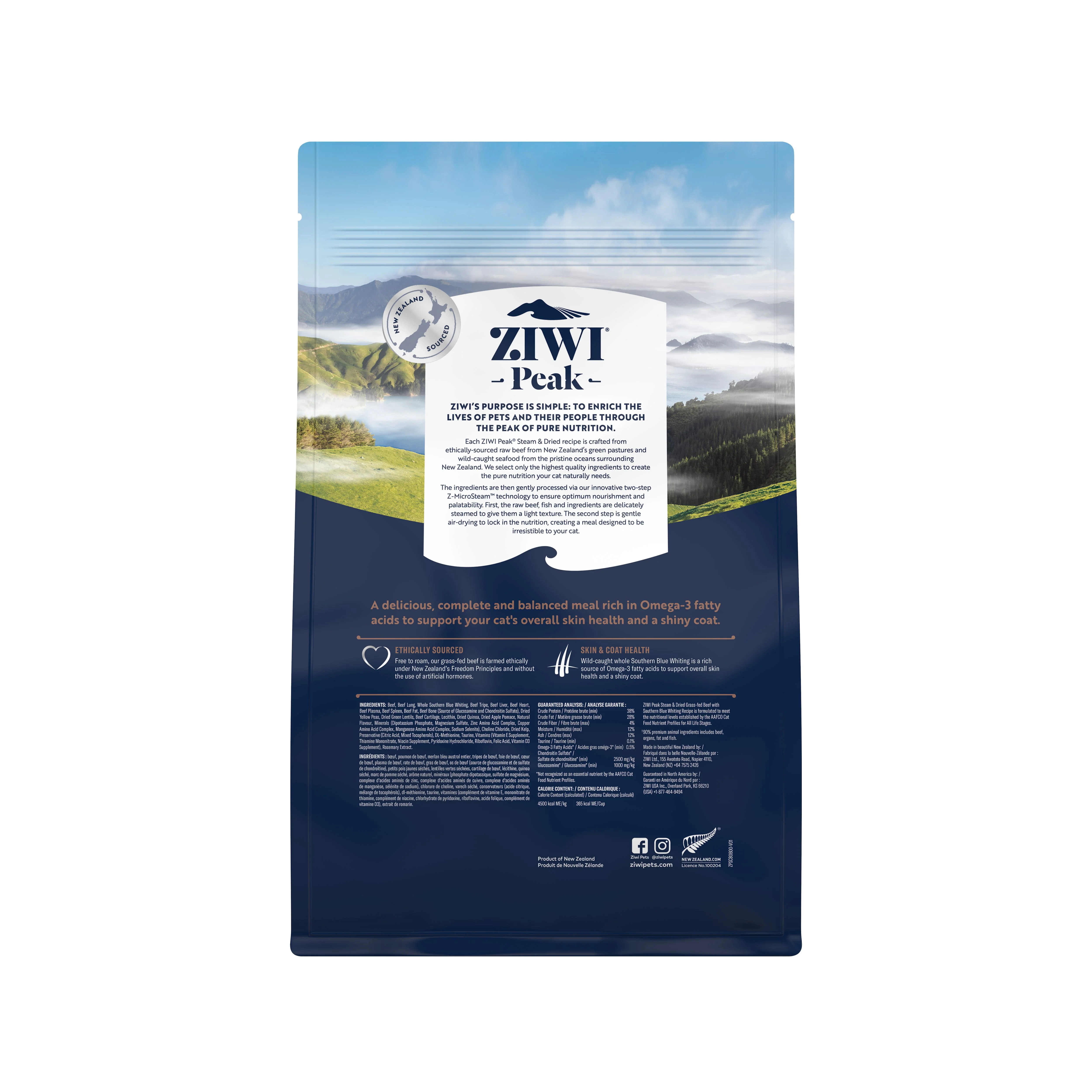 ZIWI Peak Steam and Dried Grass Fed Beef with Southern Blue Whiting Cat Food 800g - Image 2